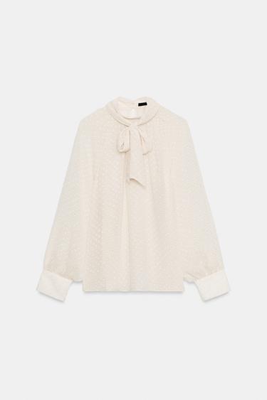 DOTTED MESH SHIRT WITH BOW - Ecru by Zara - Image 0