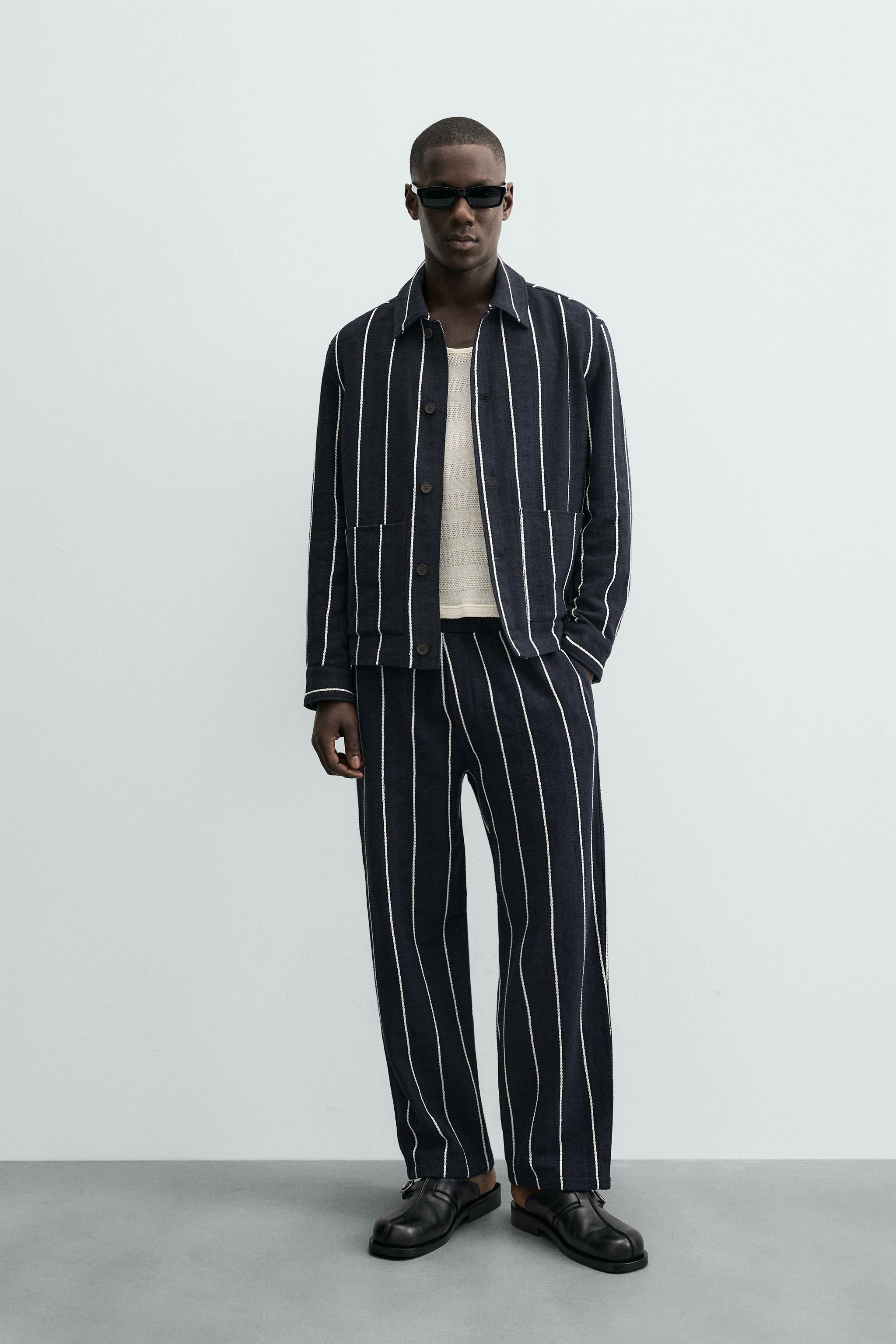 RELAXED FIT STRIPED TEXTURED TROUSERS - Navy blue | ZARA New Zealand