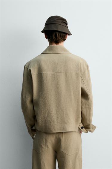 Zara CROPPED FIT 100% LINEN OVERSHIRT - taupe brown