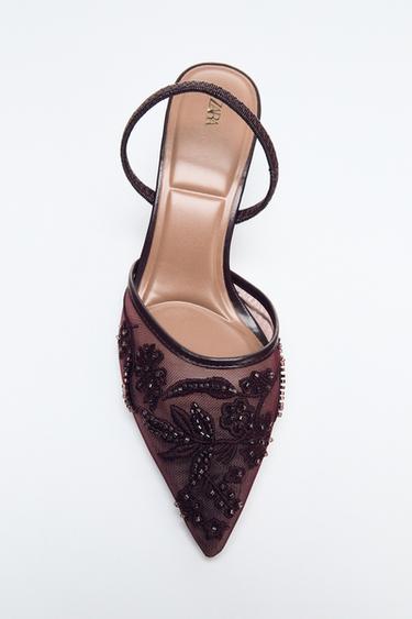 MESH RHINESTONE SLINGBACK HEELS - Brown by Zara