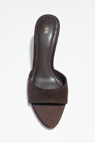 Zara SPLIT LEATHER HEELED SANDALS - Chocolate