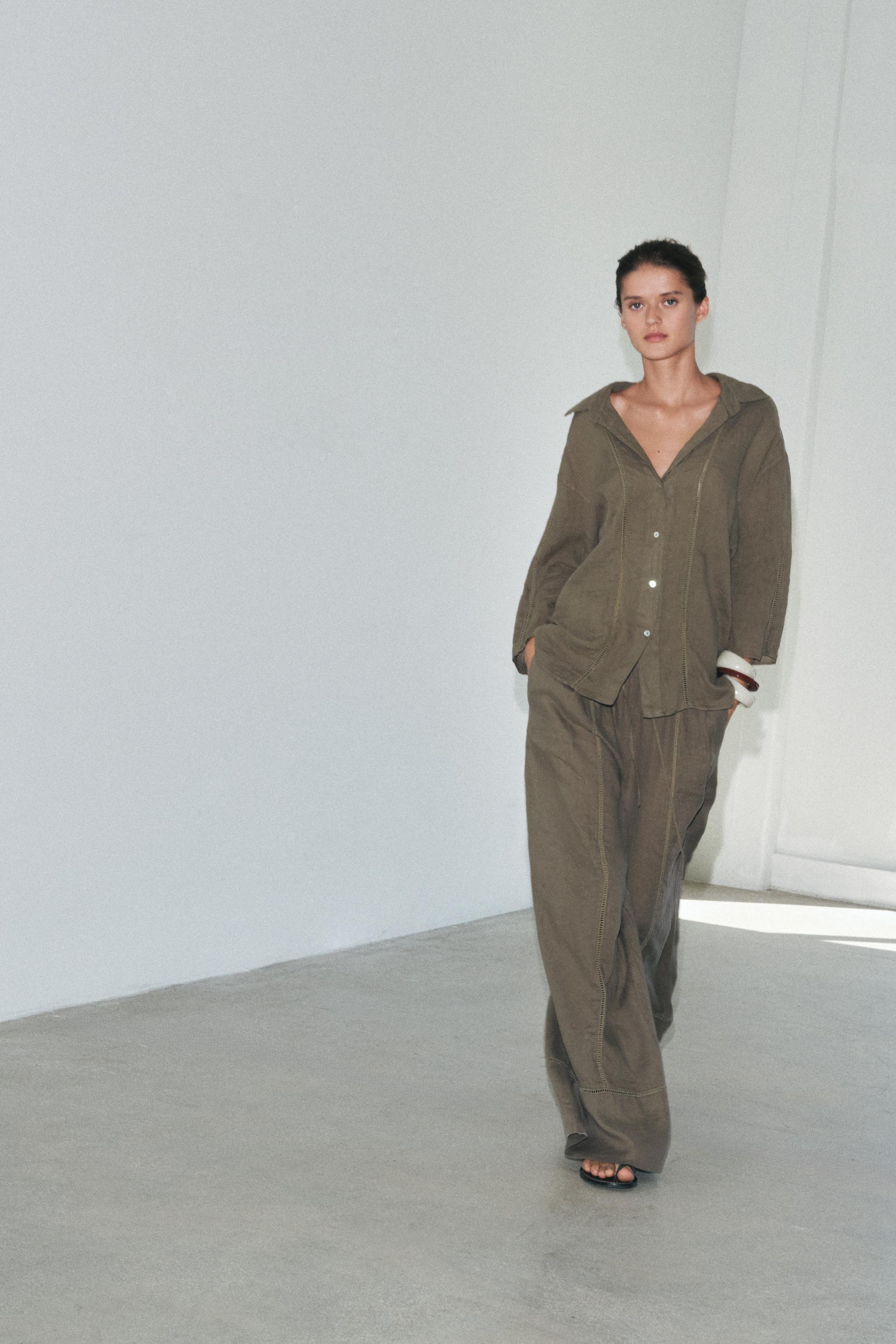 【ZARA】ZW COLLECTION リネン100% パラッツォパンツ 4043/059 ZW COLLECTION リネン100% パラッツォパンツ - ブラウン/モール