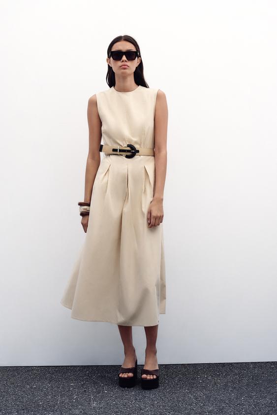BELTED POPLIN MIDI DRESS