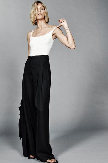 Zara ZW COLLECTION 亞麻混紡高腰長褲 - 黑色