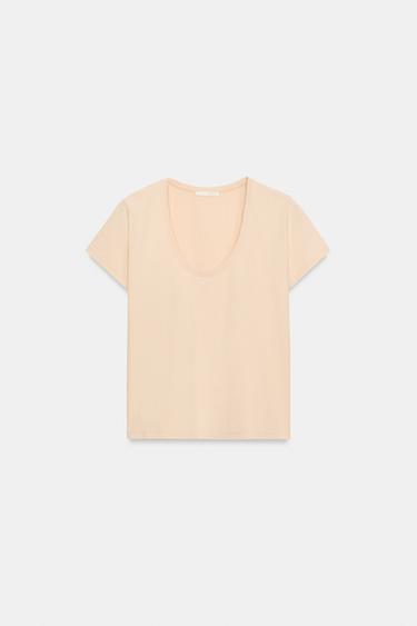 コットンショートスリーブTシャツピンクベージュZaraのコットンショートスリーブTシャツ - ピンクベージュ 