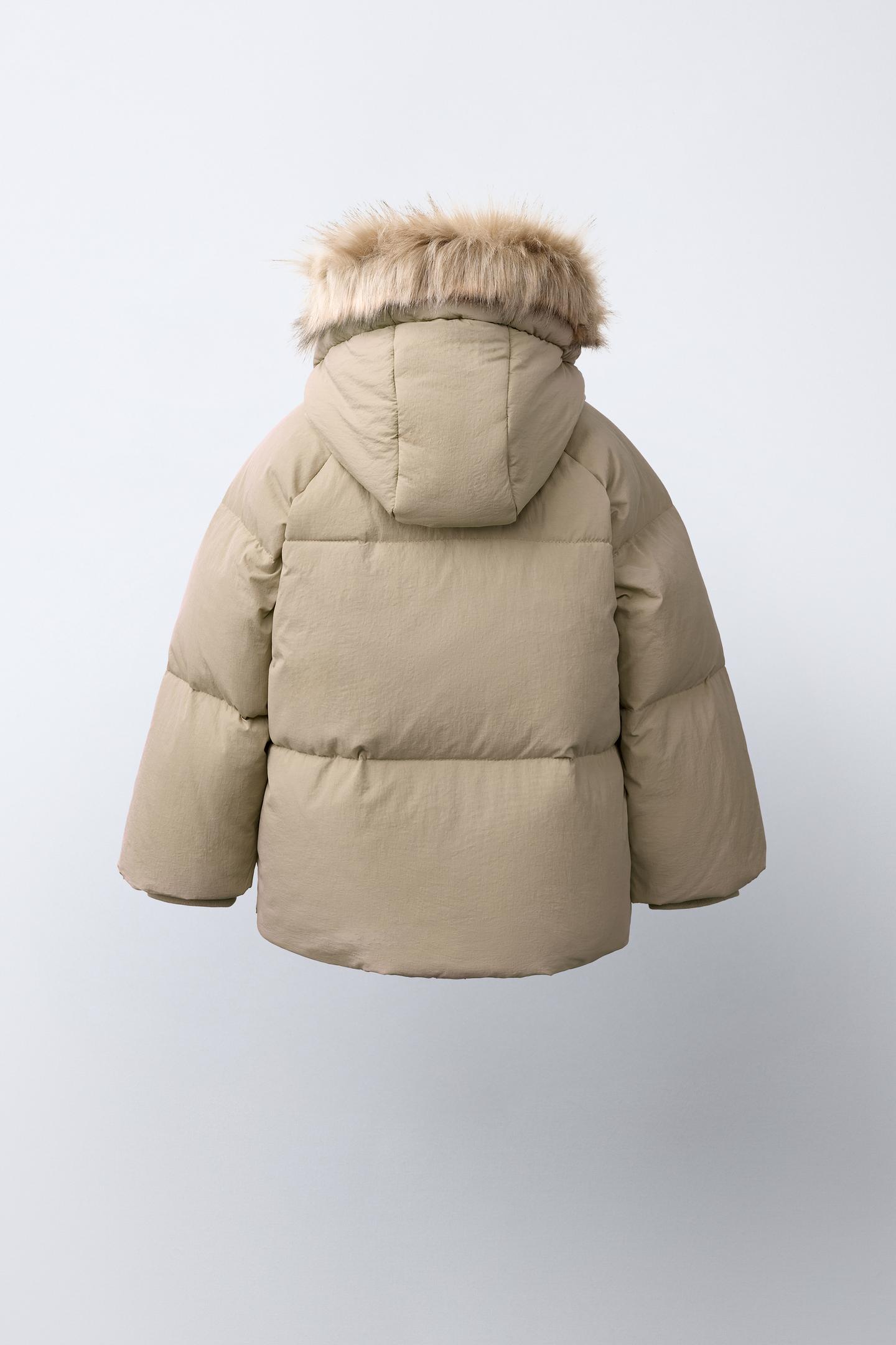 Детская куртка Zara Water-Repellent Thermal 50/50 Down and Feather with Detachable Faux Fur Hoodie, цвет: Бежевый — фото 5