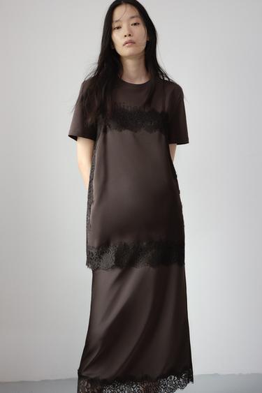 ZW COLLECTION SATIN LACE TOP - Dark brown by Zara