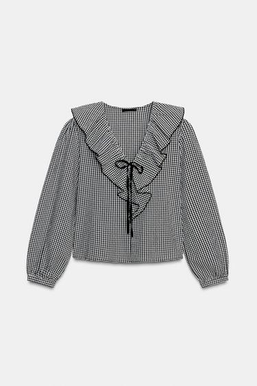 BLUSA VOLANTES CUADRO VICHY - Negro / Crudo de Zara