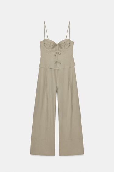 LONG LINEN BLEND JUMPSUIT WITH TIE DETAIL - Light khaki by Zara - Image 0