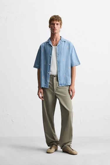 CONTRAST EMBROIDERY DENIM SHIRT - Mid-blue by Zara