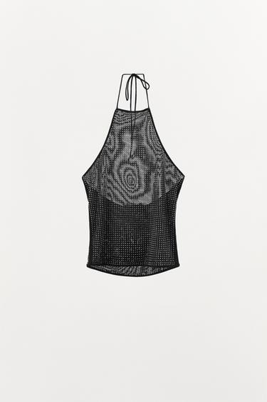 TULLE HALTERNECK TOP WITH RHINESTONES - Black by Zara