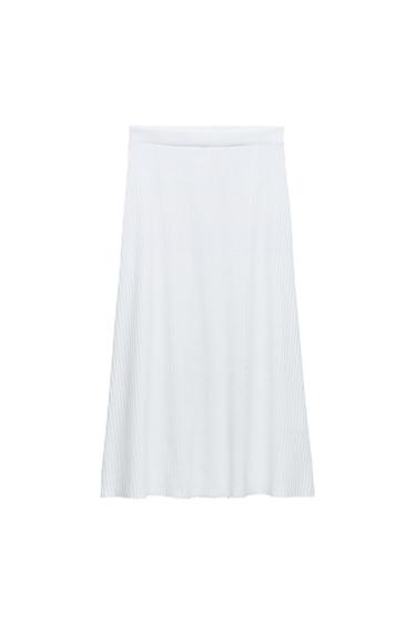 White pleated maxi skirt against a white background.