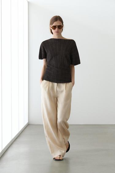 Zara Total look pleated top with striped detail - Chocolate - Image 0