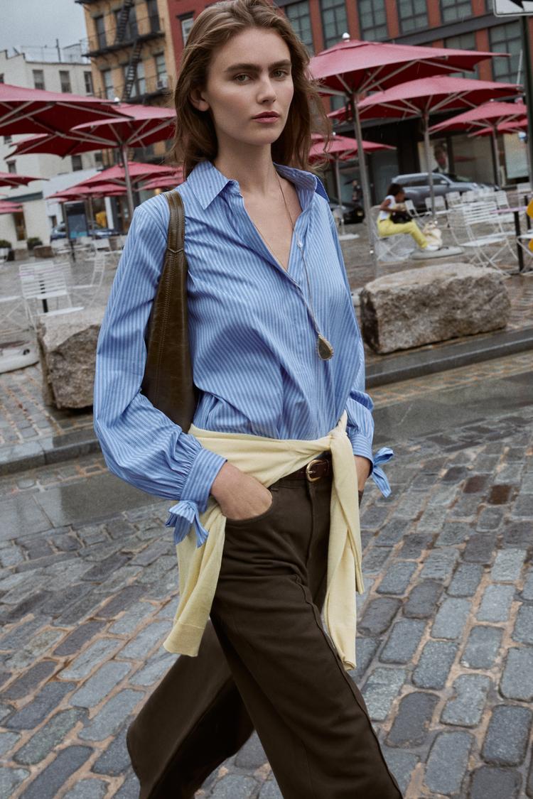 CAMISA POPELÍN LAZOS Azul Blanco ZARA Estados Unidos de