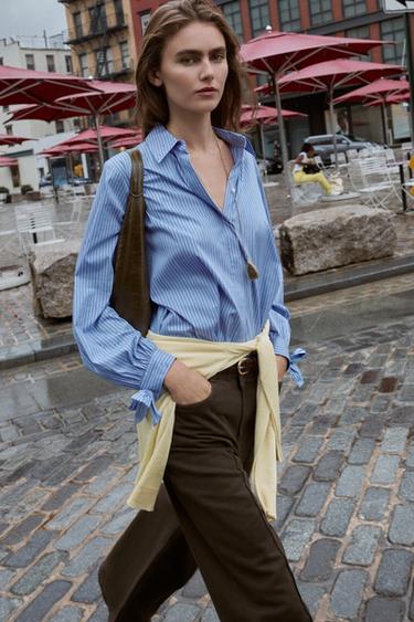 قميص بوبلين بأربطة - أزرق / أبيض الخاص بـ Zara