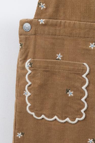 Zara EMBROIDERED FLOWER CORDUROY LONG OVERALLS - Mid-camel