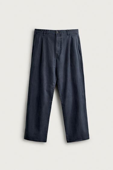 RELAXED FIT PLEATED CHINO TROUSERS - Navy blue by Zara