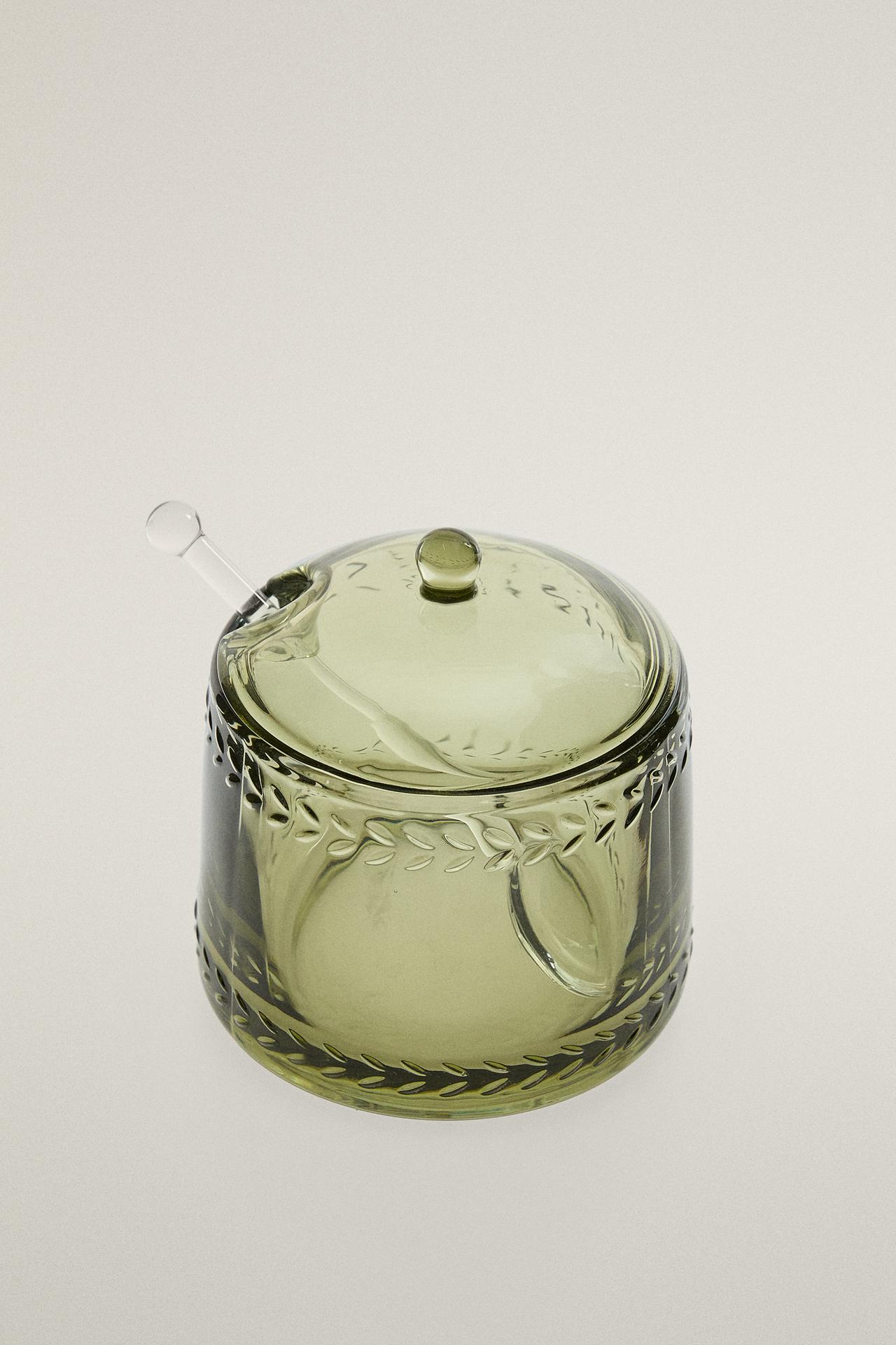 CHRISTMAS GLASS SUGAR BOWL WITH RELIEF DETAILS — Green