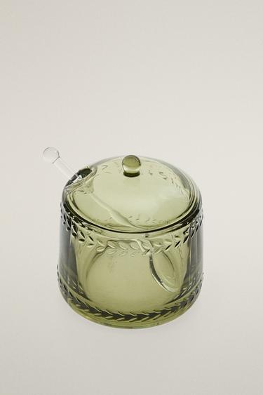 CHRISTMAS GLASS SUGAR BOWL WITH RELIEF DETAILS — Green 2