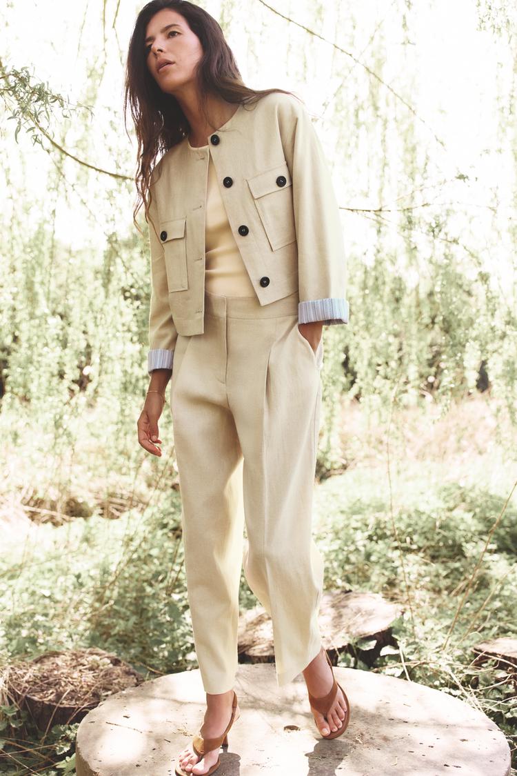 PANTALÓN RECTO CON LINO PINZAS Beige claro ZARA Chile