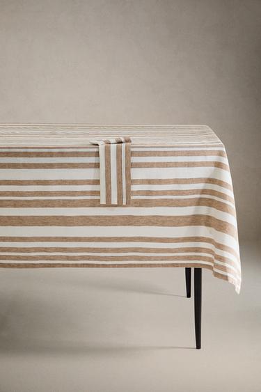 LINEN TABLECLOTH WITH STRIPES - Light beige by Zara - Image 0