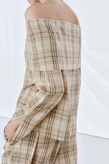 Zara ZW COLLECTION PLAID TOP - Beige