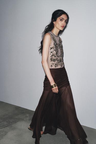 Zara ZW COLLECTION SEMI-SHEER DRAPED SKIRT - Dark brown