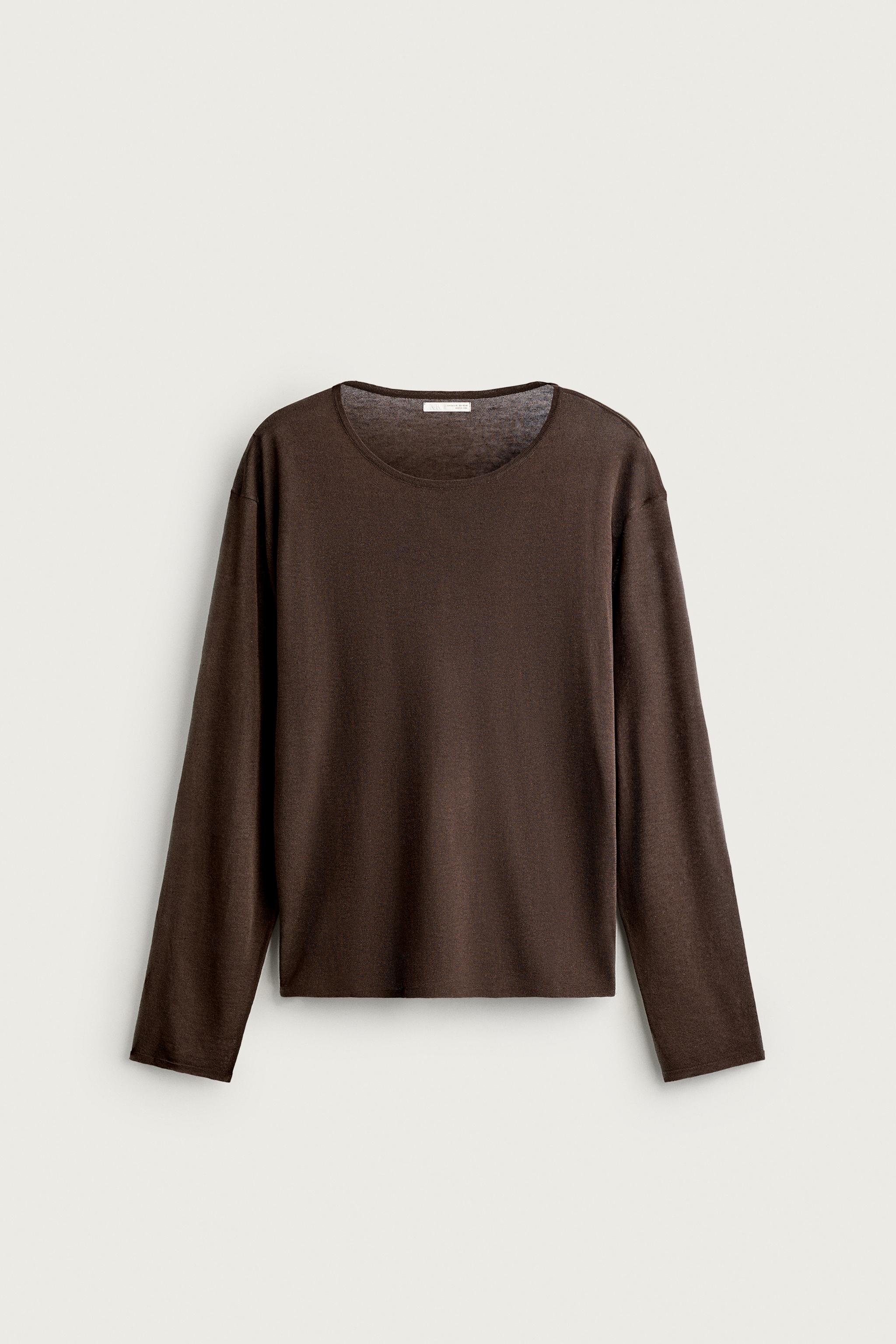 SEMI-SHEER KNIT T-SHIRT — Brown