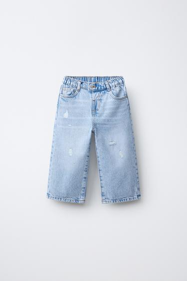 Zara 愛心鈕扣寬管牛仔褲 - 淡藍色 - 圖片 0