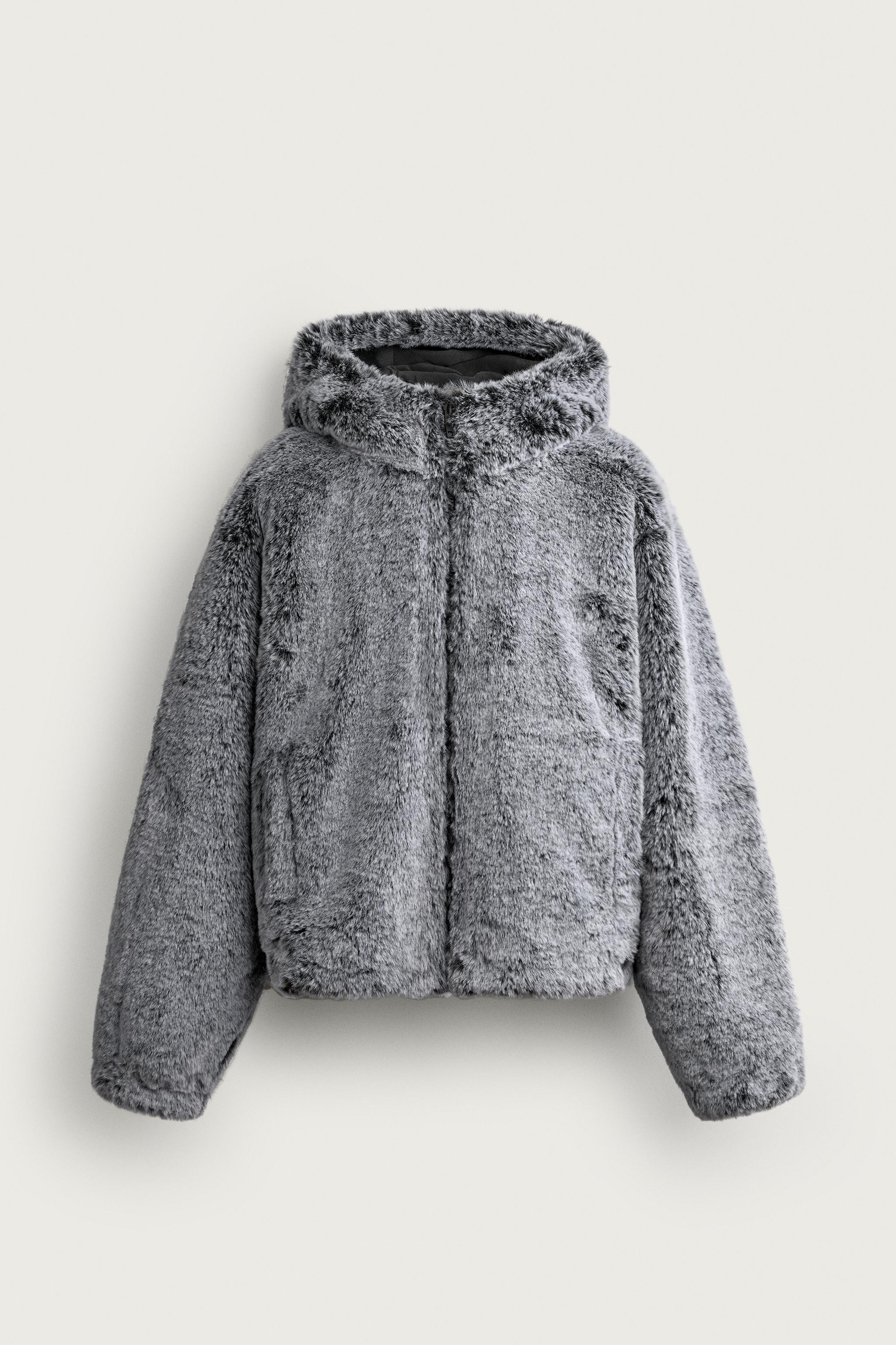 BLOUSON CROPPED FIT EFFET FOURRURE CAPUCHE