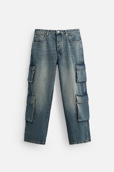 DENIM CARGO TROUSERS WITH POCKETS - Mid-blue by Zara