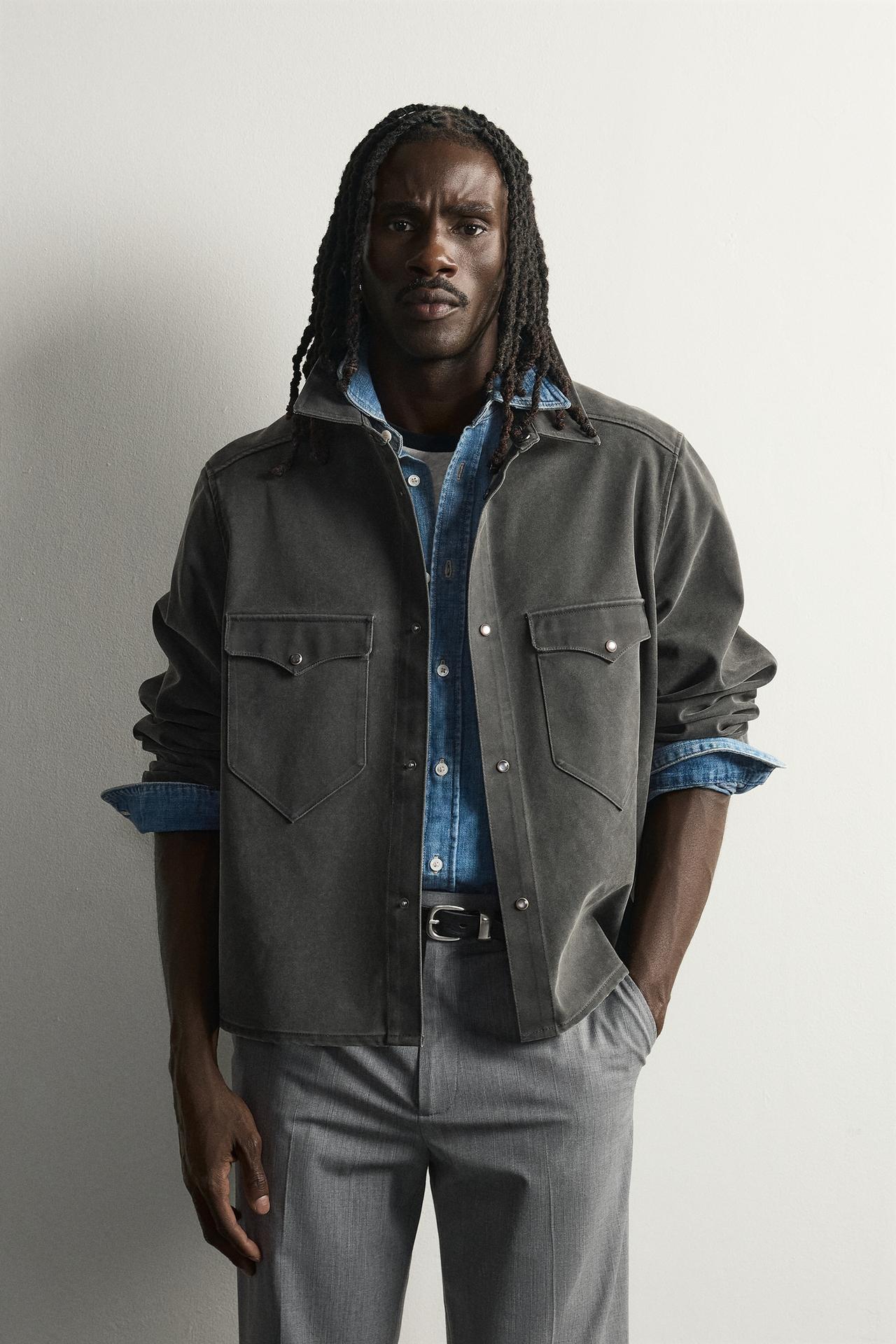 WASHED FAUX SUEDE OVERSHIRT — Gray