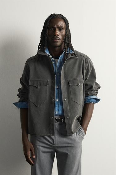 WASHED FAUX SUEDE OVERSHIRT — Gray 1
