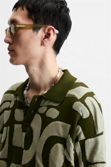 CONTRAST JACQUARD KNIT POLO SHIRT - Greens by Zara - Image 5