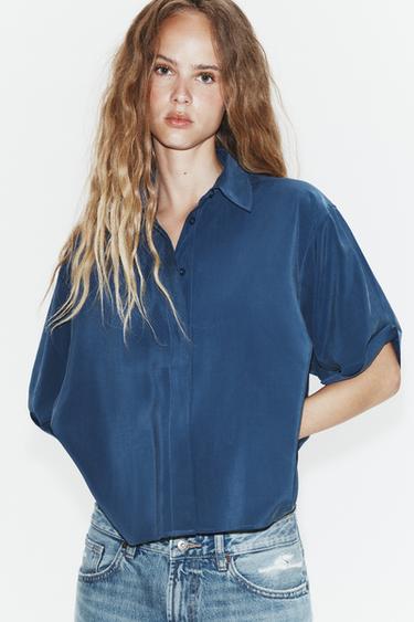 CAMISA FLUIDA MANGA CORTA - Azul de Zara