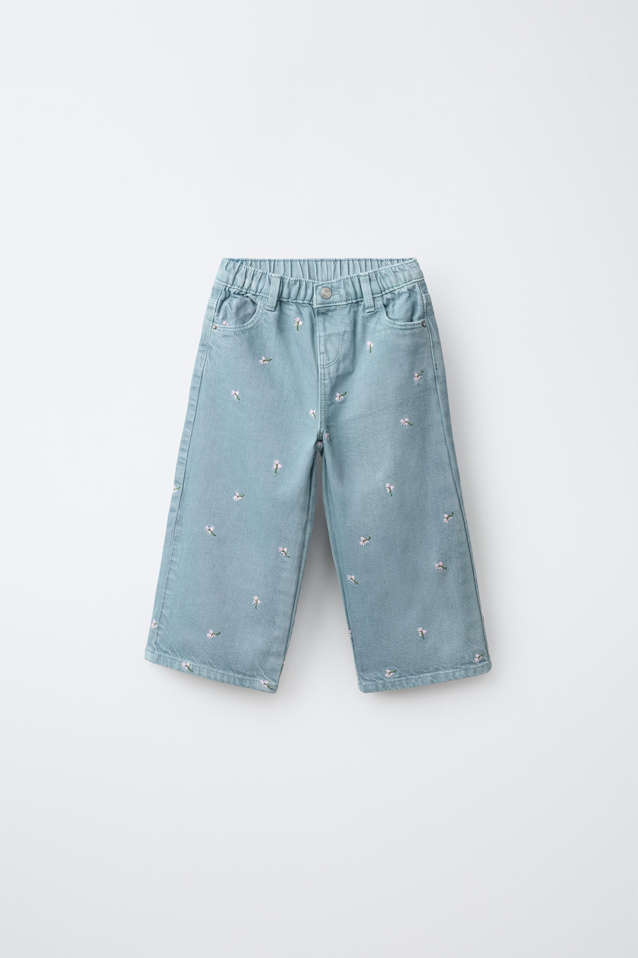 EMBROIDERED FLORAL TWILL CULOTTES — Light blue
