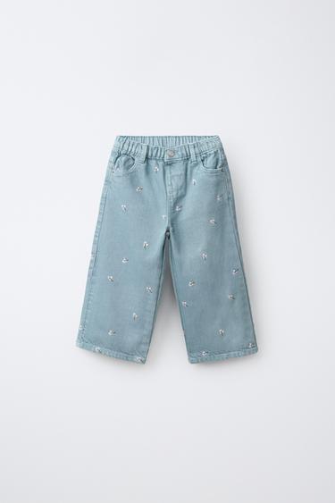 EMBROIDERED FLORAL TWILL CULOTTES - Light blue by Zara - Image 0