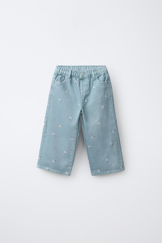 EMBROIDERED FLORAL TWILL CULOTTES - Light blue by Zara - Image 0