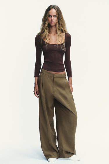 Zara SEAMLESS 羅紋蝴蝶結上衣 - 巧克力色