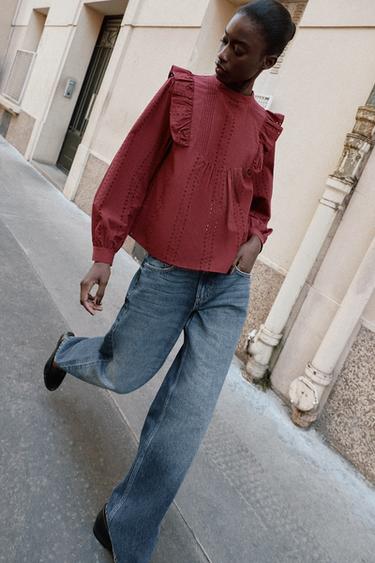 Zara ROMANTIC PERFORATED EMBROIDERED BLOUSE - Burgundy