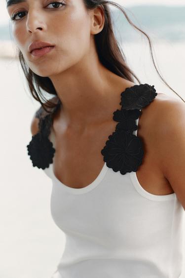 FLORAL APPLIQUÉ TOP - Black / White by Zara - Image 2