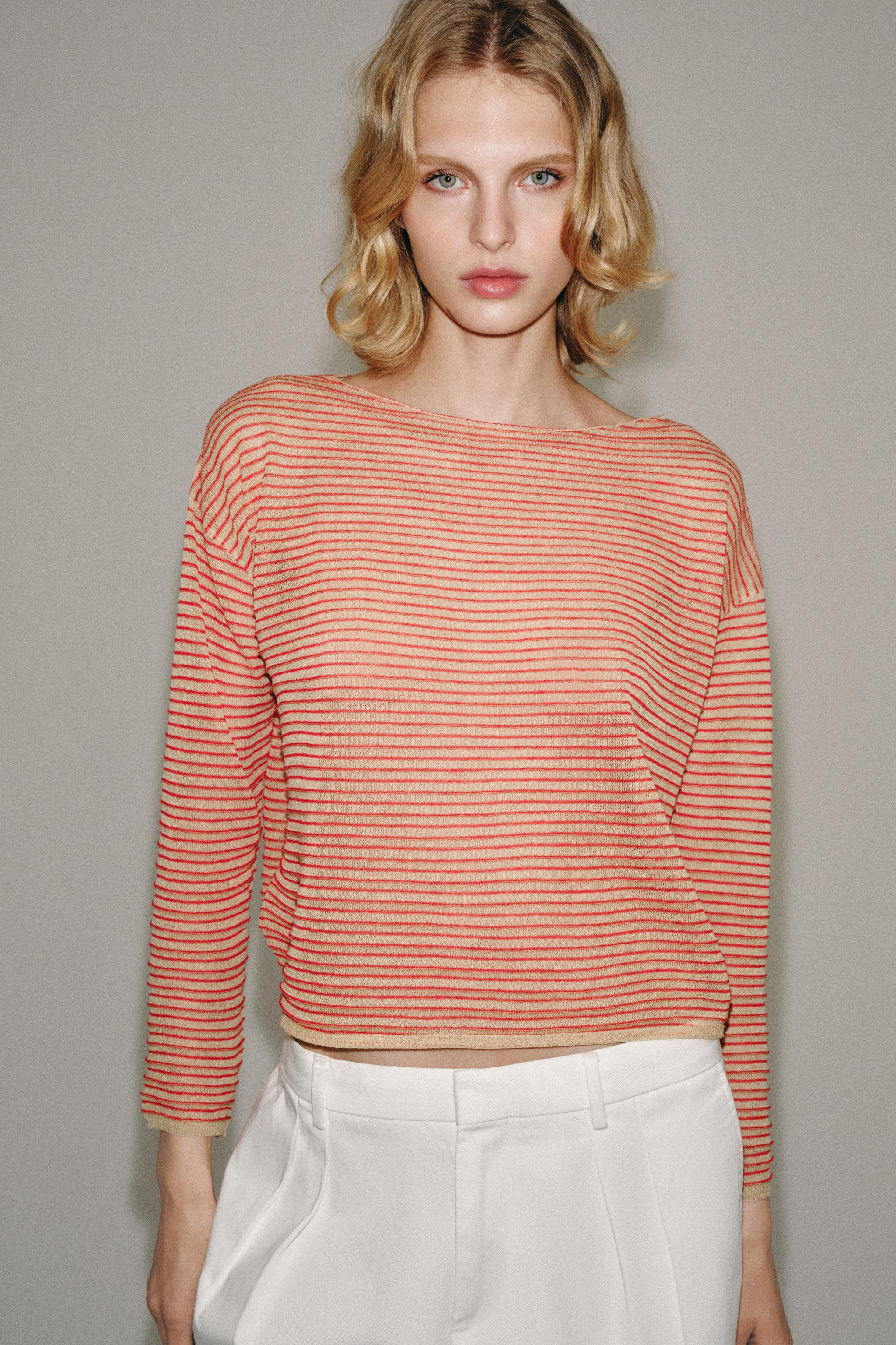 STRIPED FINE KNIT LINEN JUMPER — Ecru / Red