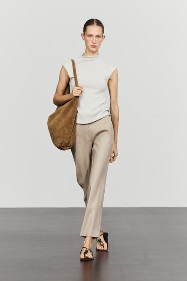 Zara Straight-leg linen blend trousers - Beige - Image 0