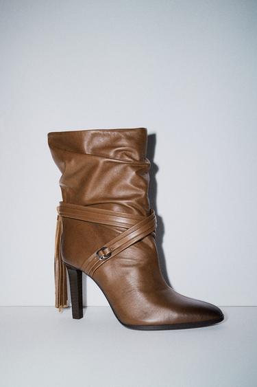 Zara FRINGED LEATHER ANKLE BOOTS - Brown