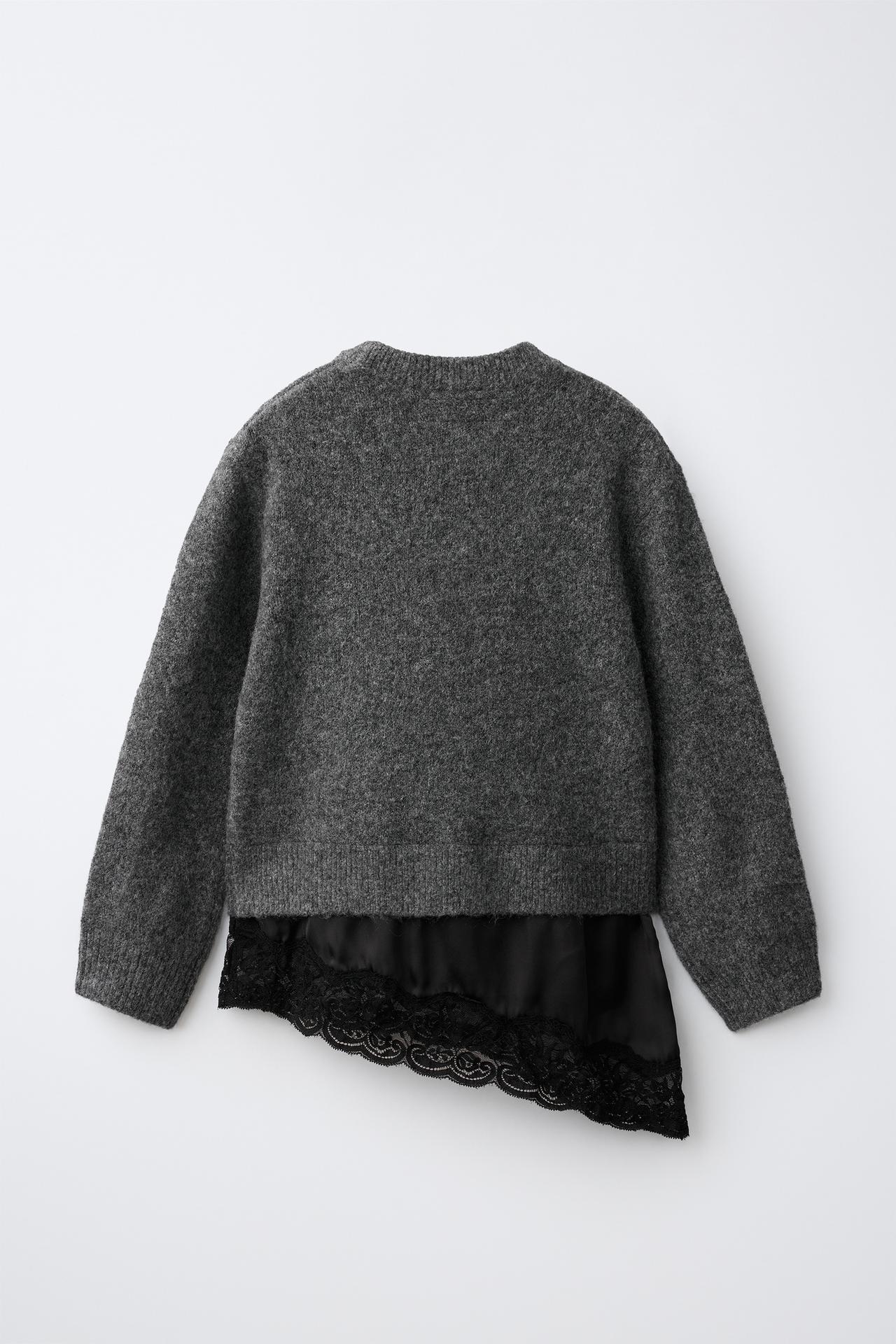 LACE TRIM SWEATER — Dark anthracite