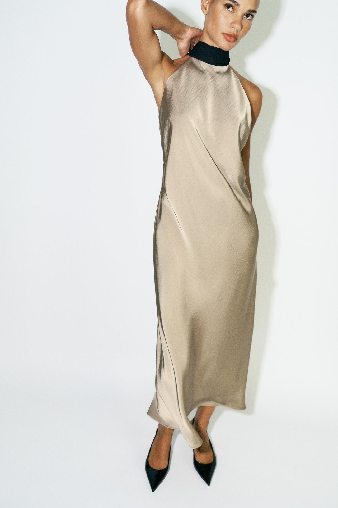 CONTRASTING HALTER DRESS WITH TIE — Light khaki