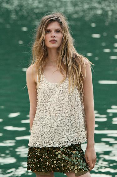 SEQUINNED STRAPPY TOP - Light beige by Zara