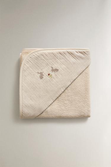 EMBROIDERED HOODED BABY TOWEL - Light beige by Zara - Image 1