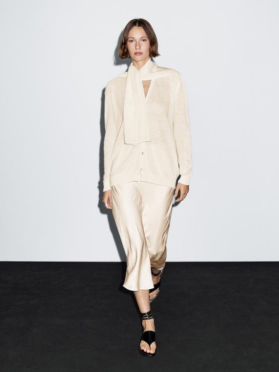 Linen blend knit cardigan with scarf