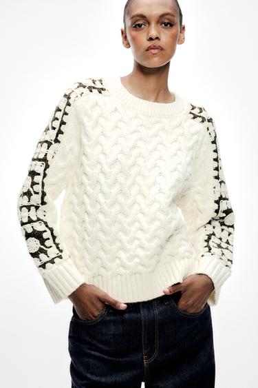 Zara EMBROIDERED KNIT SWEATER - Ecru